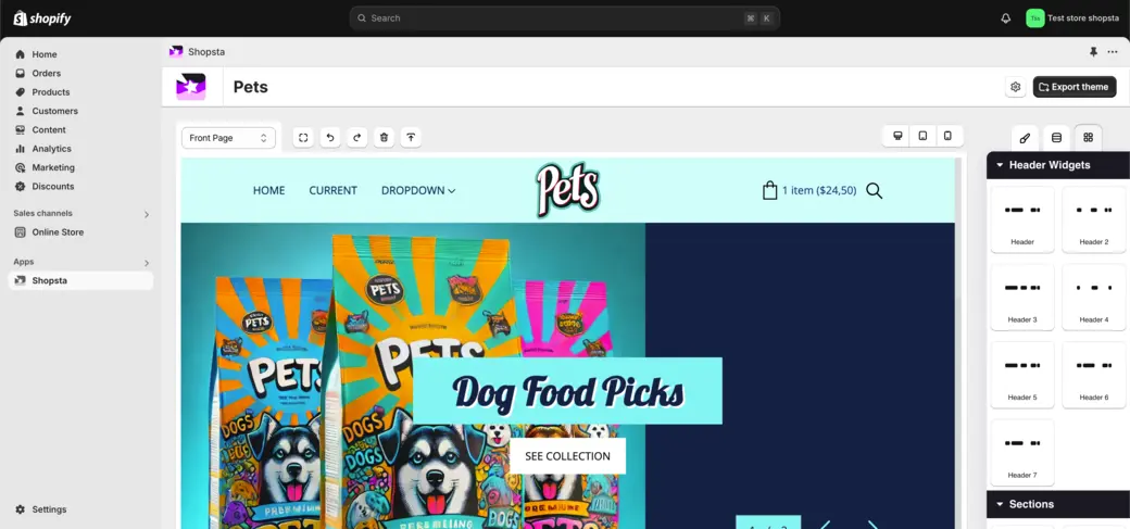 Pets - preview image in Shopify App Shopsta